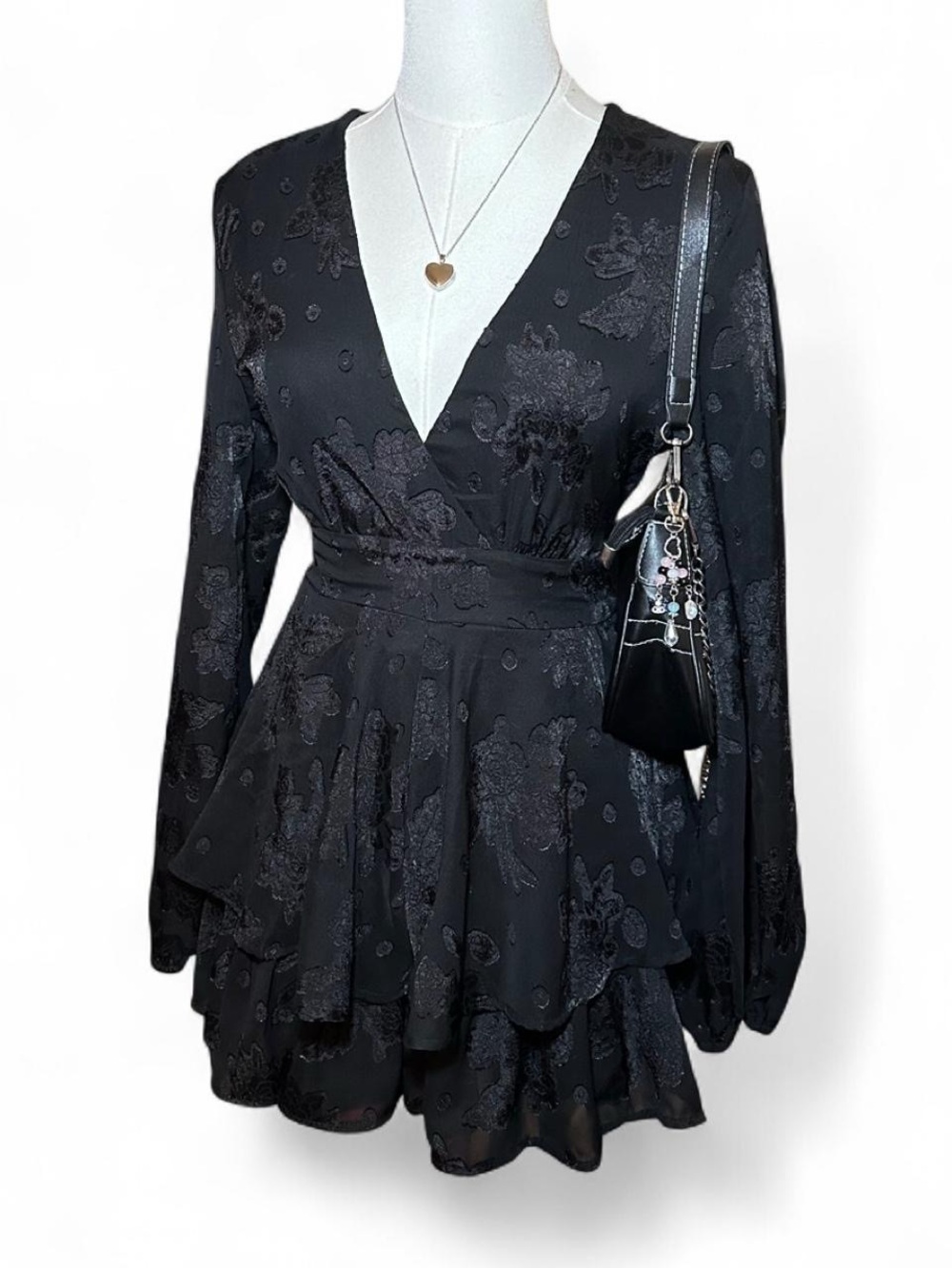 NWOT Francesca's Black V-Neck Long Sleeve Floral Ruffle Romper Whimsygoth Fairy